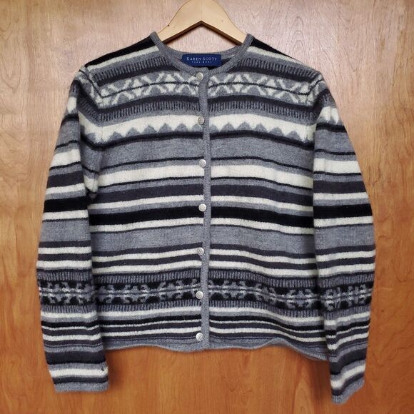 Karen Scott Cardigan Sweater Size L HOLES Gray 100% Wool Striped Button Up FLAWS - Picture 5 of 11